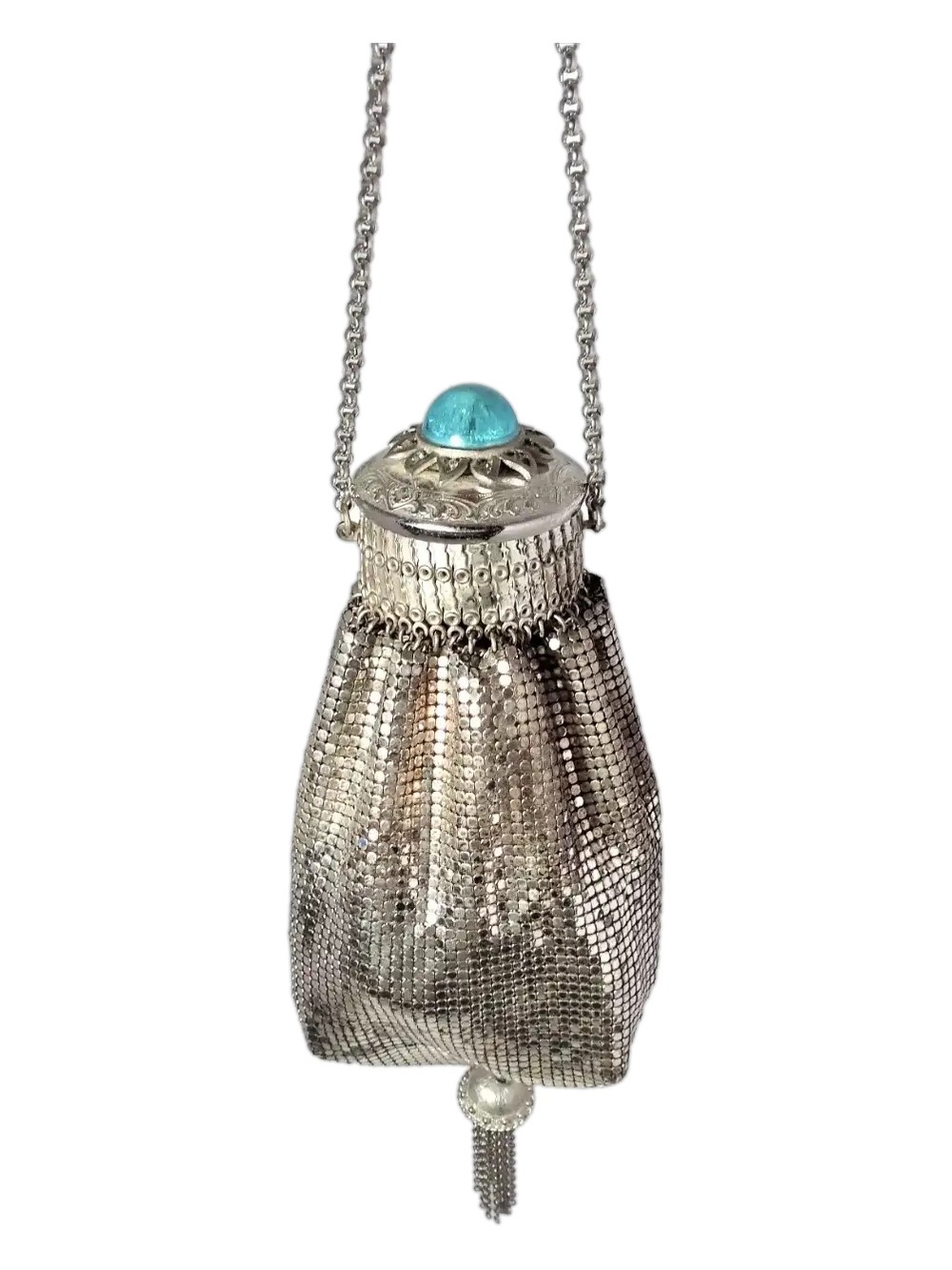 RARE! Whiting & Davis Silver Mesh Mini Bag with Teal Cabochon jeweled ornamental